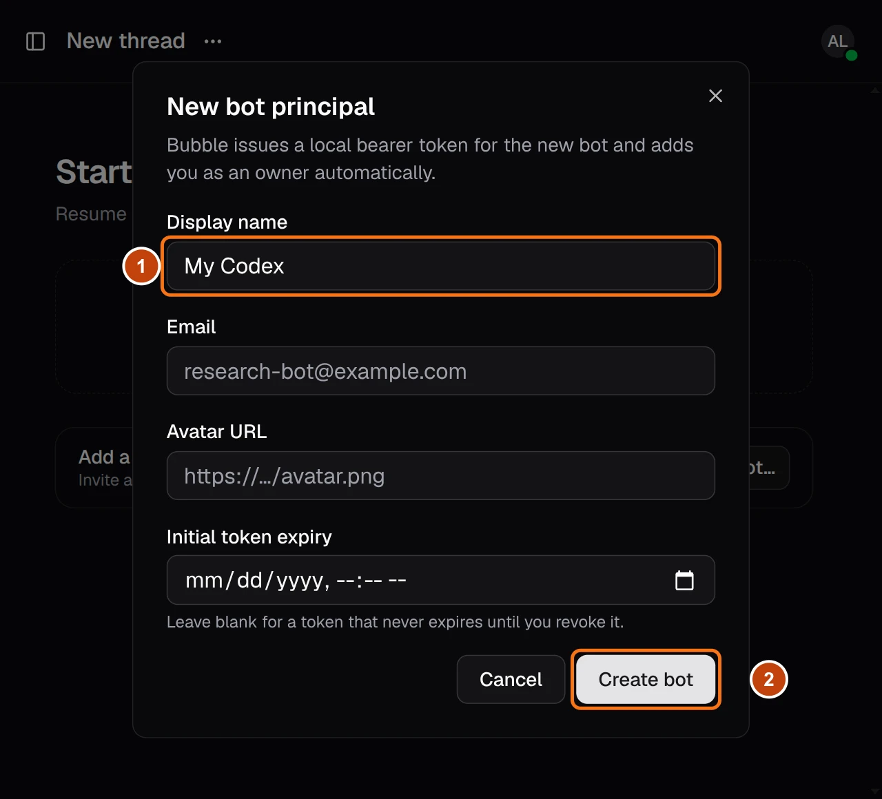 The bot creation dialog, with markers for the display name and Create bot.