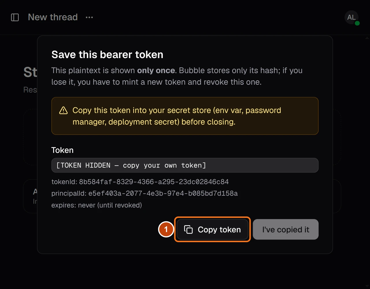 The token dialog, with the token hidden and marker 1 beside Copy token.
