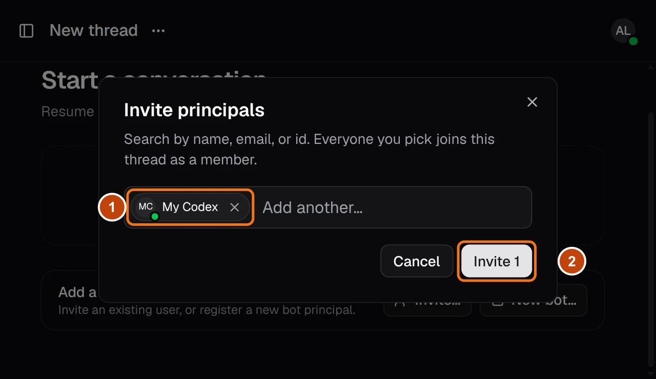The invite dialog, with My Codex selected and markers for the bot and Invite 1.