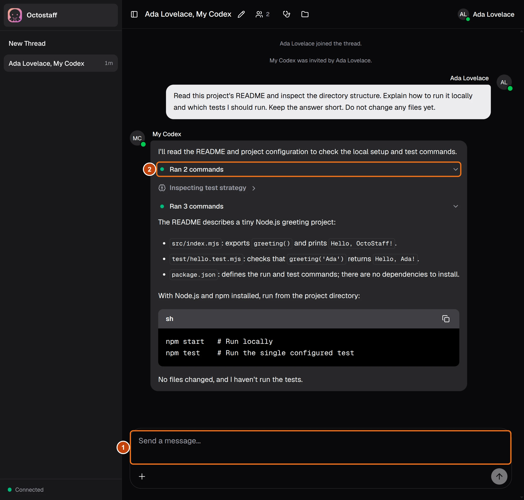 A thread showing the complete task and reply, with markers for the message box and tool activity.